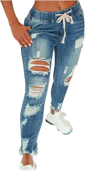 Women's High Waisted Ripped Jeans Skinny Stretch Denims Pants Casual Drawstring Cropped Destroyed Slim Fit Trousers