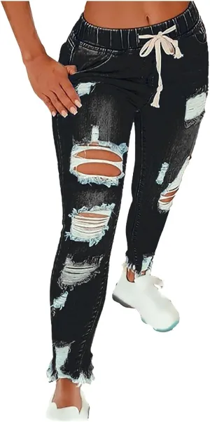 Women's High Waisted Ripped Jeans Skinny Stretch Denims Pants Casual Drawstring Cropped Destroyed Slim Fit Trousers