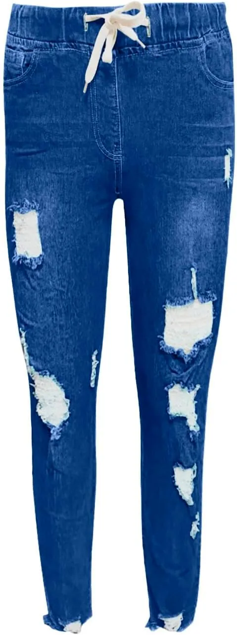 Women's High Waisted Ripped Jeans Skinny Stretch Denims Pants Casual Drawstring Cropped Destroyed Slim Fit Trousers