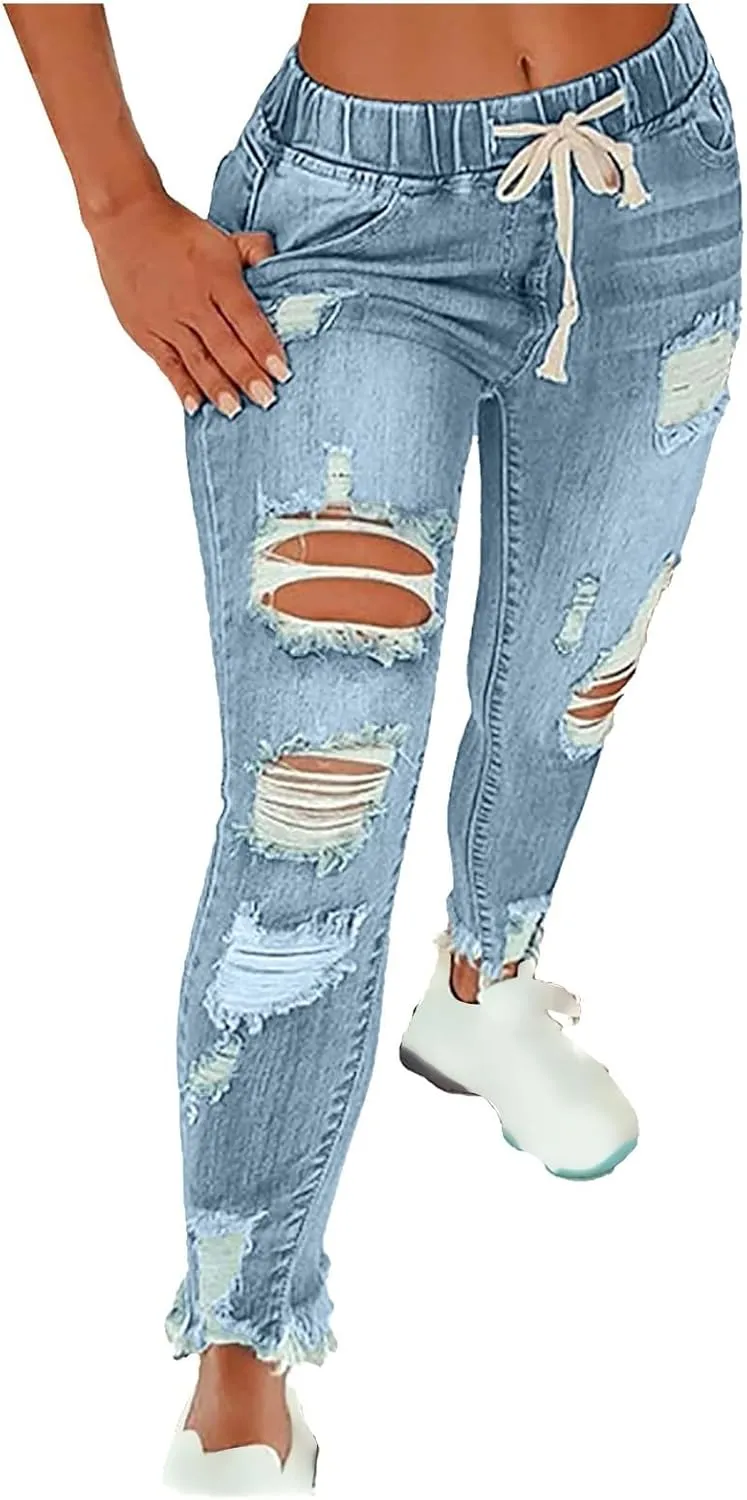 Women's High Waisted Ripped Jeans Skinny Stretch Denims Pants Casual Drawstring Cropped Destroyed Slim Fit Trousers