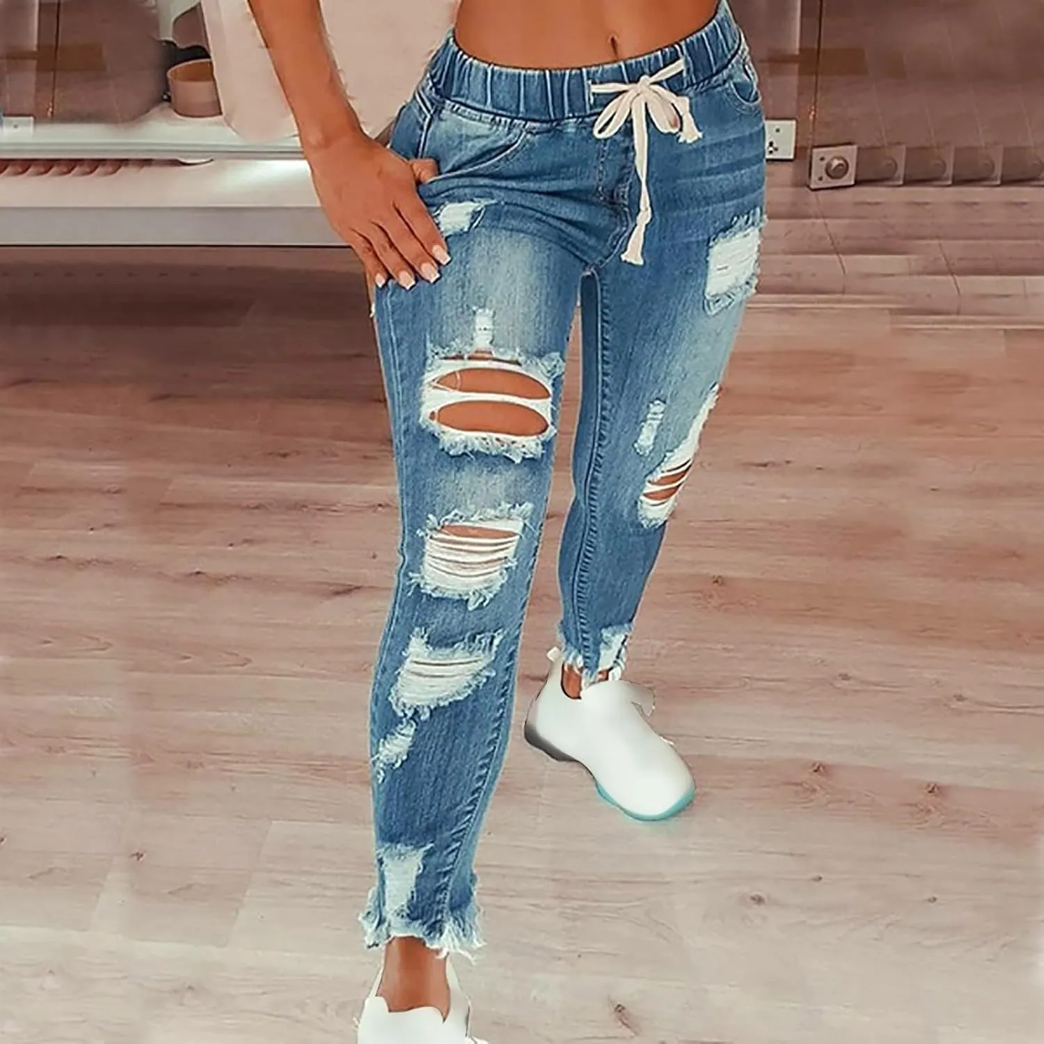 Women's High Waisted Ripped Jeans Skinny Stretch Denims Pants Casual Drawstring Cropped Destroyed Slim Fit Trousers