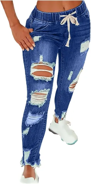 Women's High Waisted Ripped Jeans Skinny Stretch Denims Pants Casual Drawstring Cropped Destroyed Slim Fit Trousers
