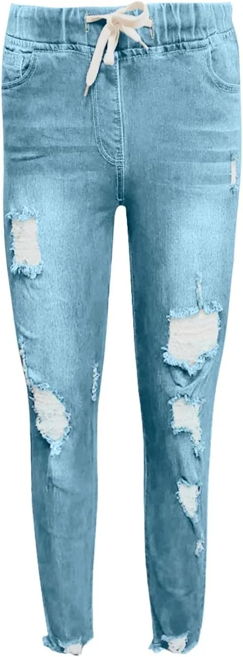 Women's High Waisted Ripped Jeans Skinny Stretch Denims Pants Casual Drawstring Cropped Destroyed Slim Fit Trousers