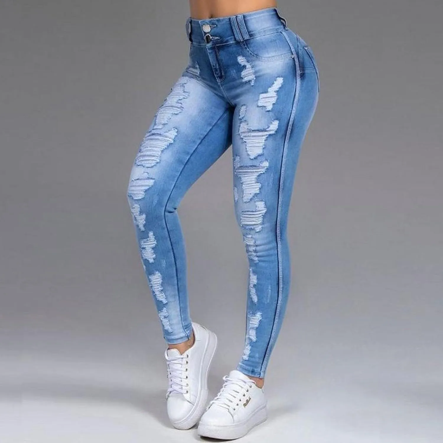 Women's High Waisted Ripped Jeans Skinny Stretch Denims Pants Casual Drawstring Cropped Destroyed Slim Fit Trousers
