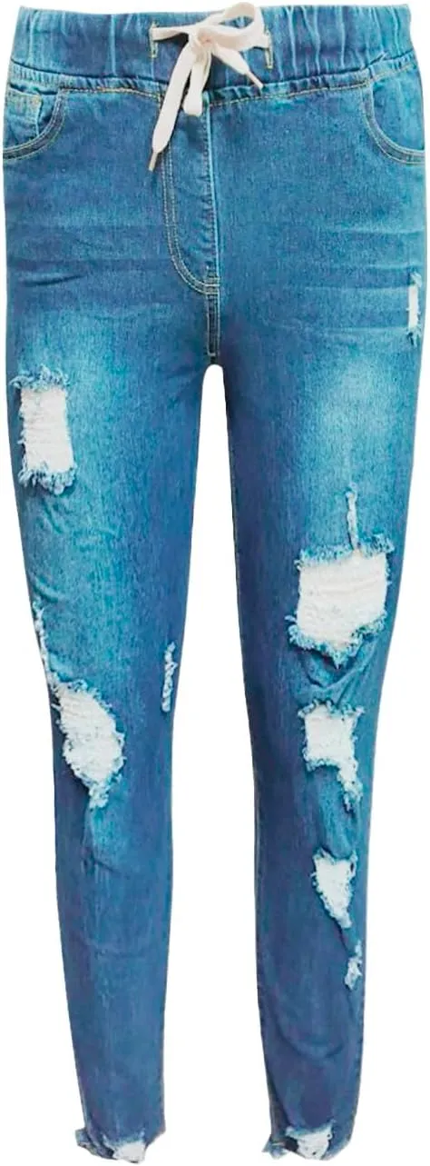 Women's High Waisted Ripped Jeans Skinny Stretch Denims Pants Casual Drawstring Cropped Destroyed Slim Fit Trousers