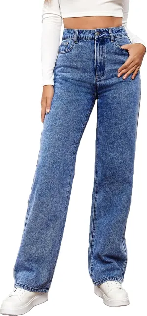 Women's High Waisted Straight Leg Jeans, Stretch Denim, Tummy Control, S-2XL, Multiple Colors