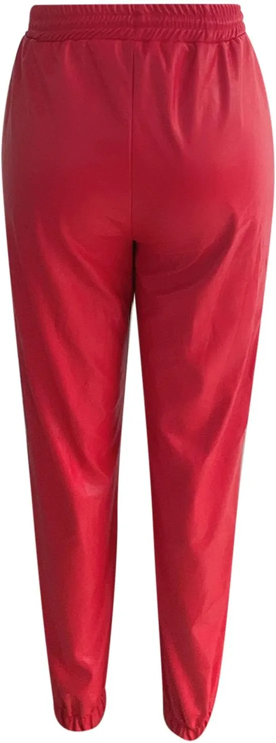 Womens High Waisted Stretch Leather Pants Pu Coated Legging Juniors Drawstring Athleisure Ankle Length Jogger Pants