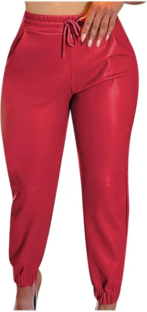 Womens High Waisted Stretch Leather Pants Pu Coated Legging Juniors Drawstring Athleisure Ankle Length Jogger Pants