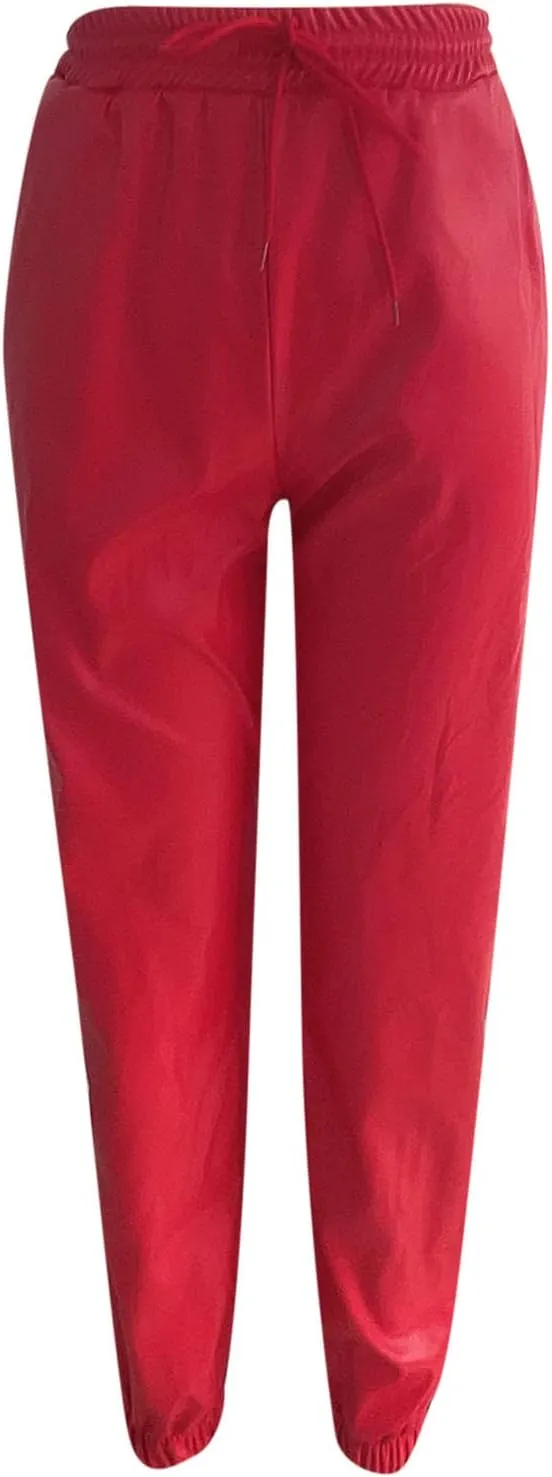 Womens High Waisted Stretch Leather Pants Pu Coated Legging Juniors Drawstring Athleisure Ankle Length Jogger Pants
