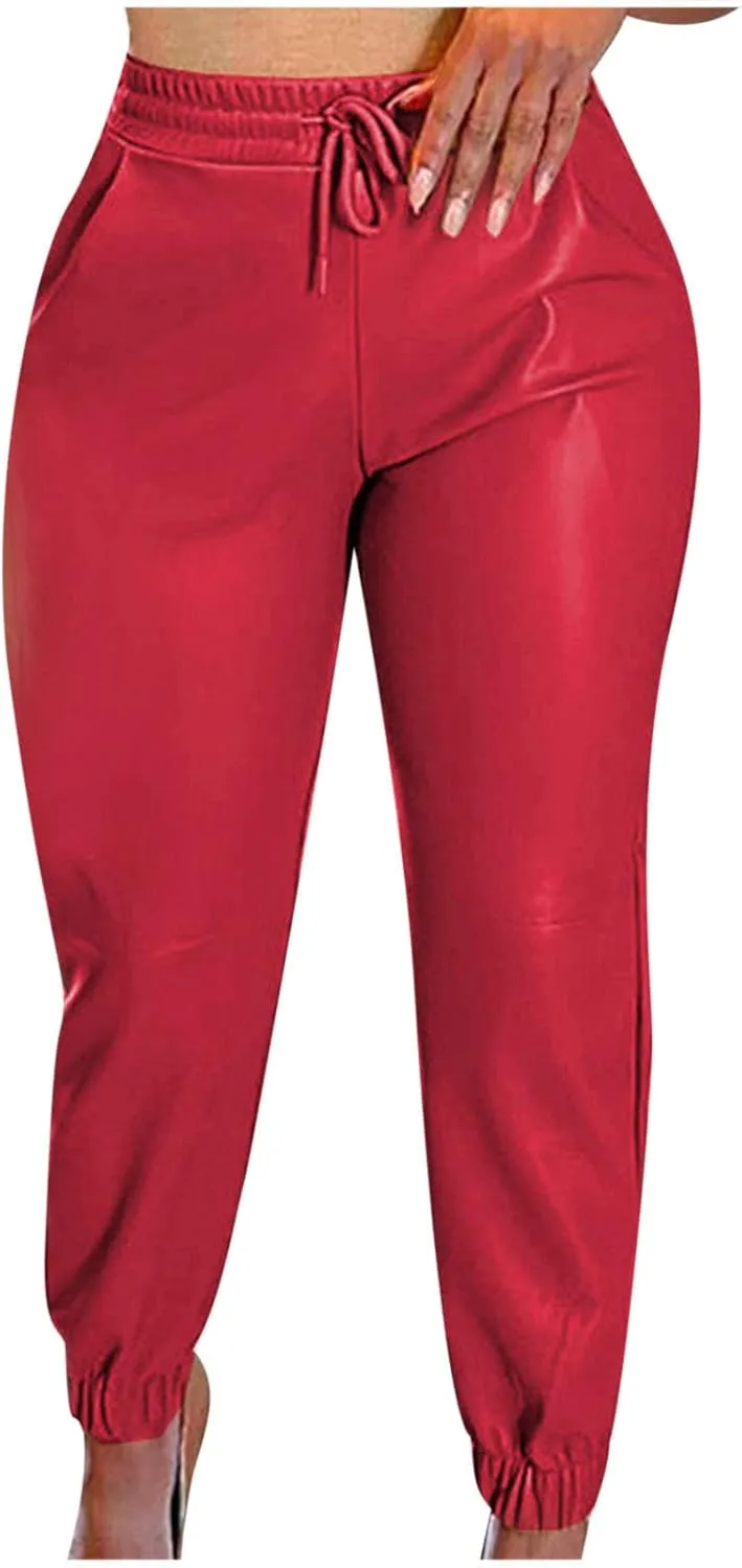 Womens High Waisted Stretch Leather Pants Pu Coated Legging Juniors Drawstring Athleisure Ankle Length Jogger Pants