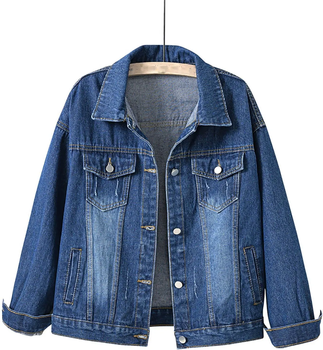 Womens Hooded Denim Jacket Layered Drawstring Casual Hoodie Long Sleeve Jean Jacket Vintage Stretch Cropped Jackets