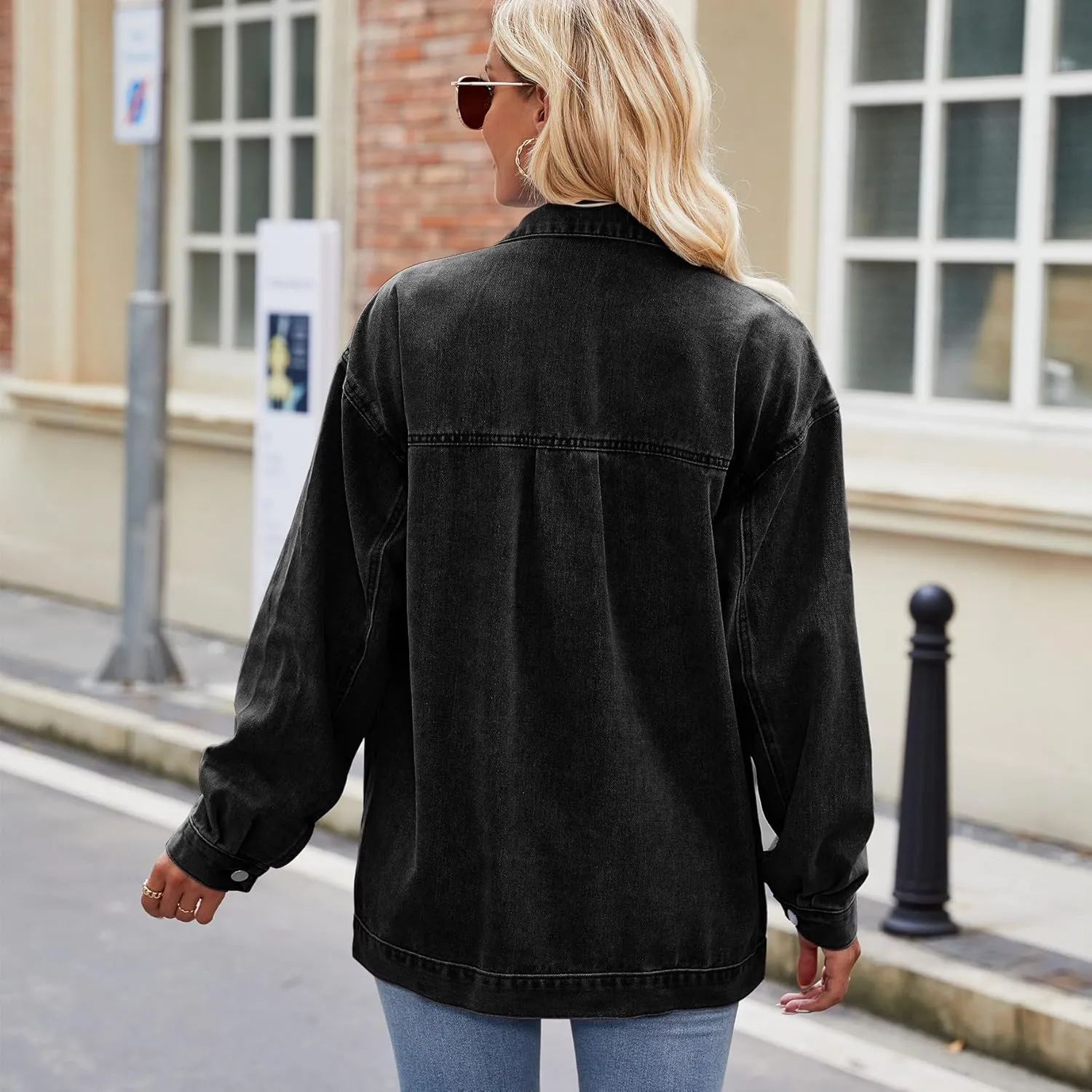Womens Jean Jackets Long Sleeve Fashion Button Down Denim Jacket with Pockets