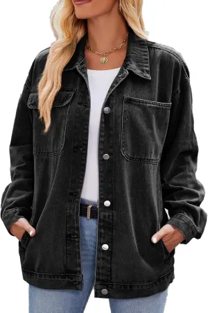 Womens Jean Jackets Long Sleeve Fashion Button Down Denim Jacket with Pockets