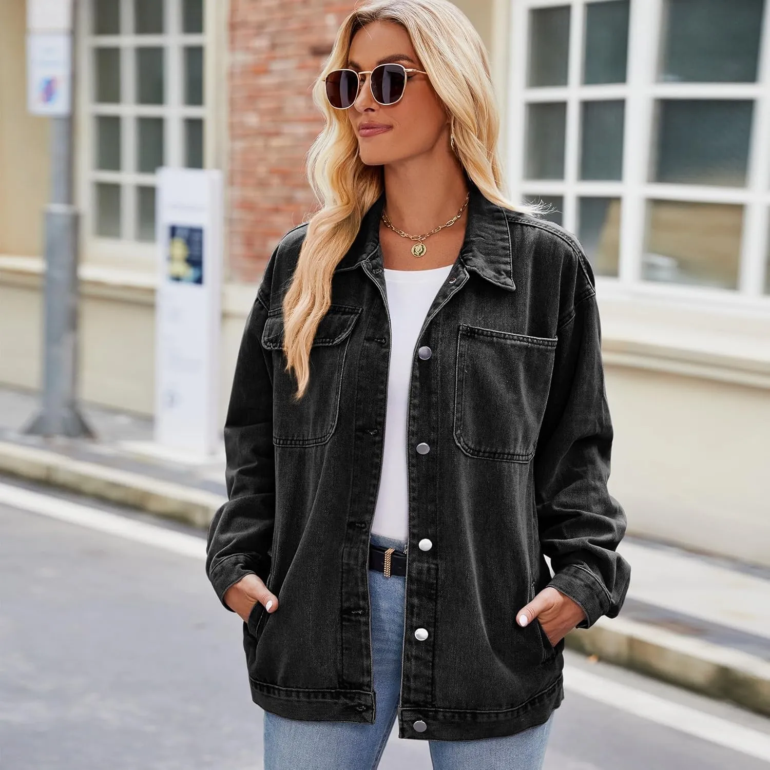 Womens Jean Jackets Long Sleeve Fashion Button Down Denim Jacket with Pockets