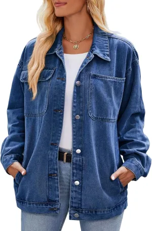 Womens Jean Jackets Long Sleeve Fashion Button Down Denim Jacket with Pockets