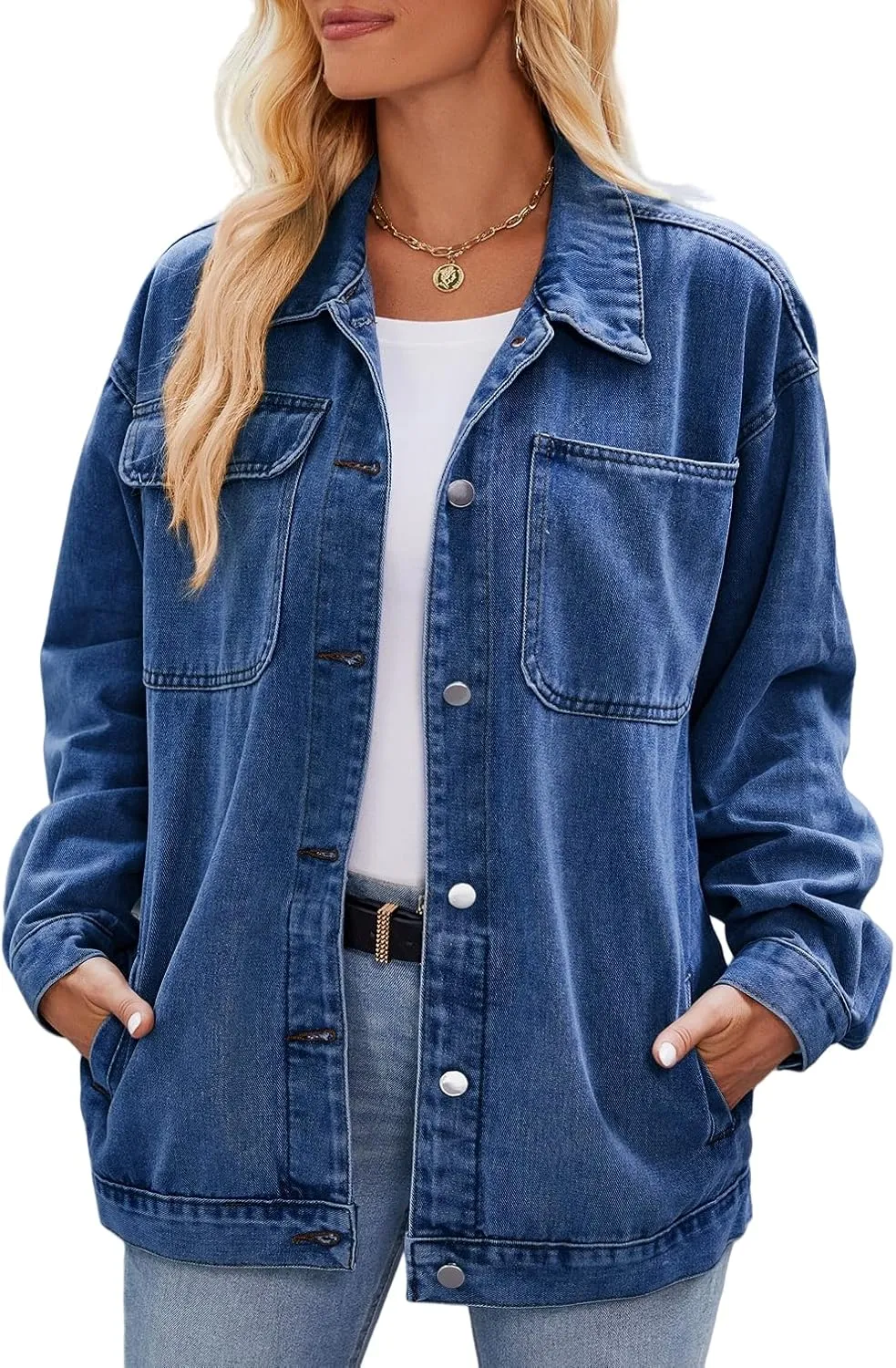 Womens Jean Jackets Long Sleeve Fashion Button Down Denim Jacket with Pockets