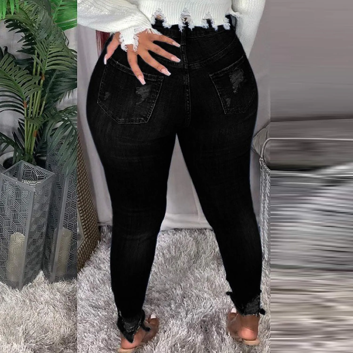 Womens Jeans Casual Skinny Ripped Jeans Classic High Waist Distressed Stretchy Straight Leg Jeans Pants