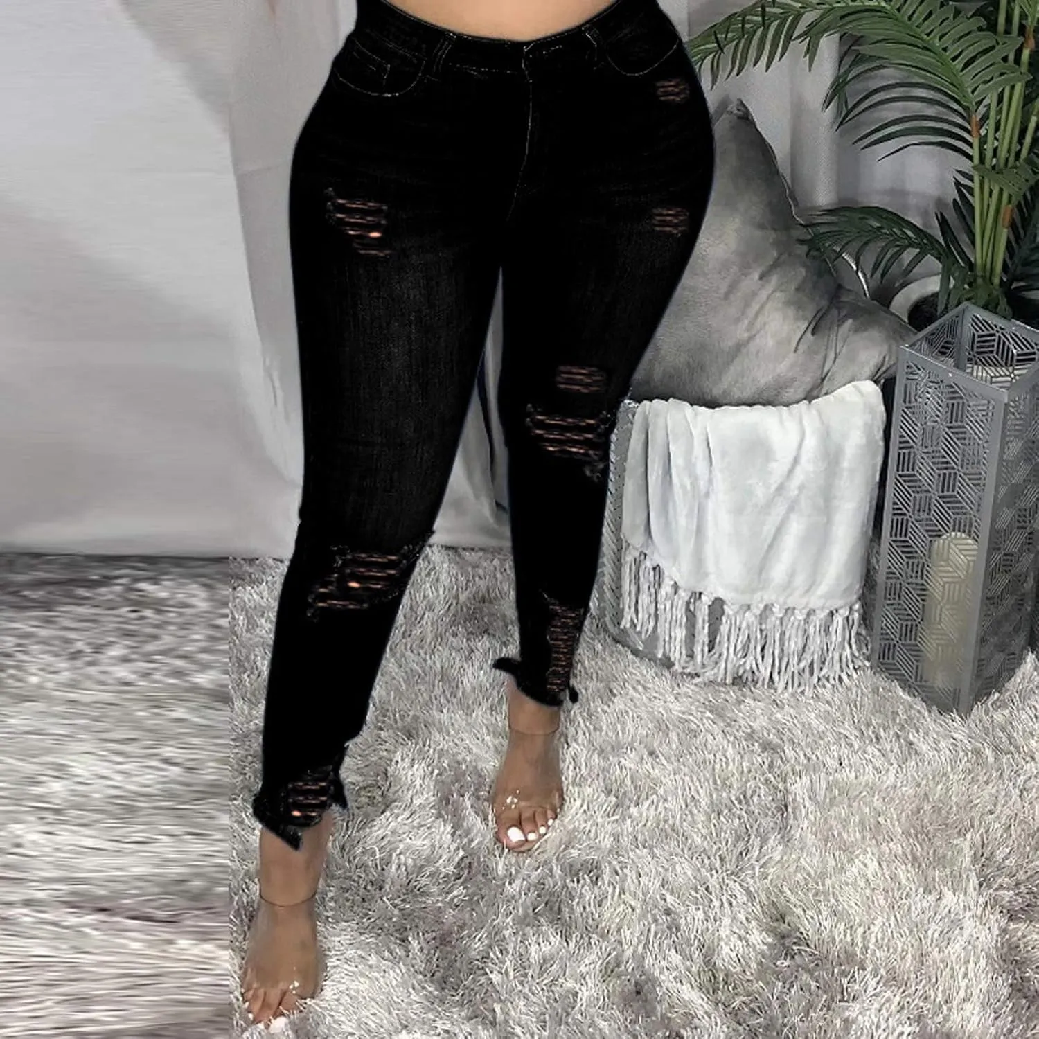 Womens Jeans Casual Skinny Ripped Jeans Classic High Waist Distressed Stretchy Straight Leg Jeans Pants
