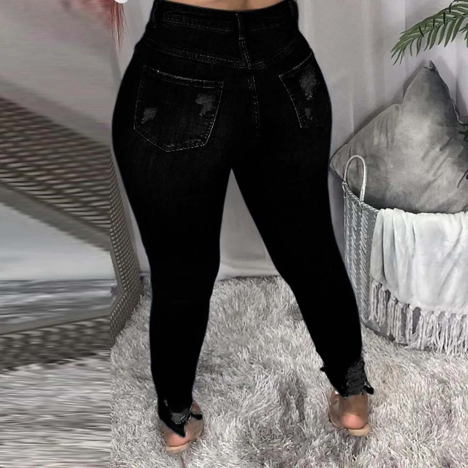 Womens Jeans Casual Skinny Ripped Jeans Classic High Waist Distressed Stretchy Straight Leg Jeans Pants
