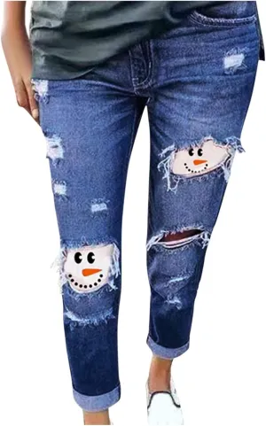 Womens Jeans Casual Skinny Ripped Jeans Classic High Waist Distressed Stretchy Straight Leg Jeans Pants
