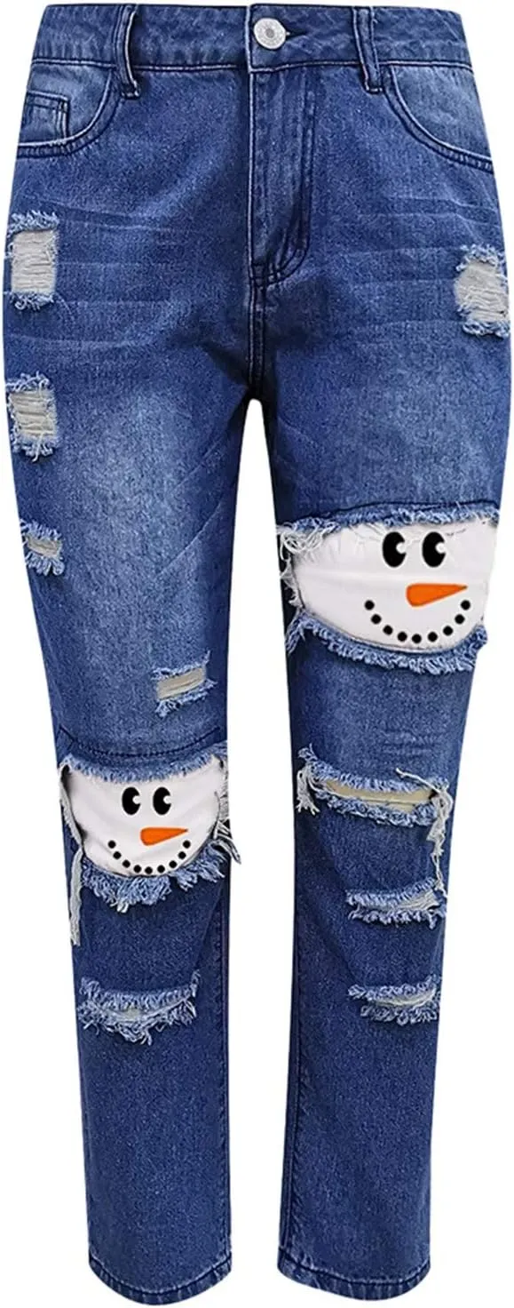 Womens Jeans Casual Skinny Ripped Jeans Classic High Waist Distressed Stretchy Straight Leg Jeans Pants