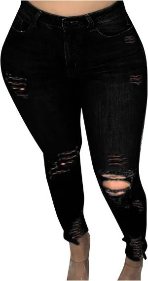 Womens Jeans Casual Skinny Ripped Jeans Classic High Waist Distressed Stretchy Straight Leg Jeans Pants