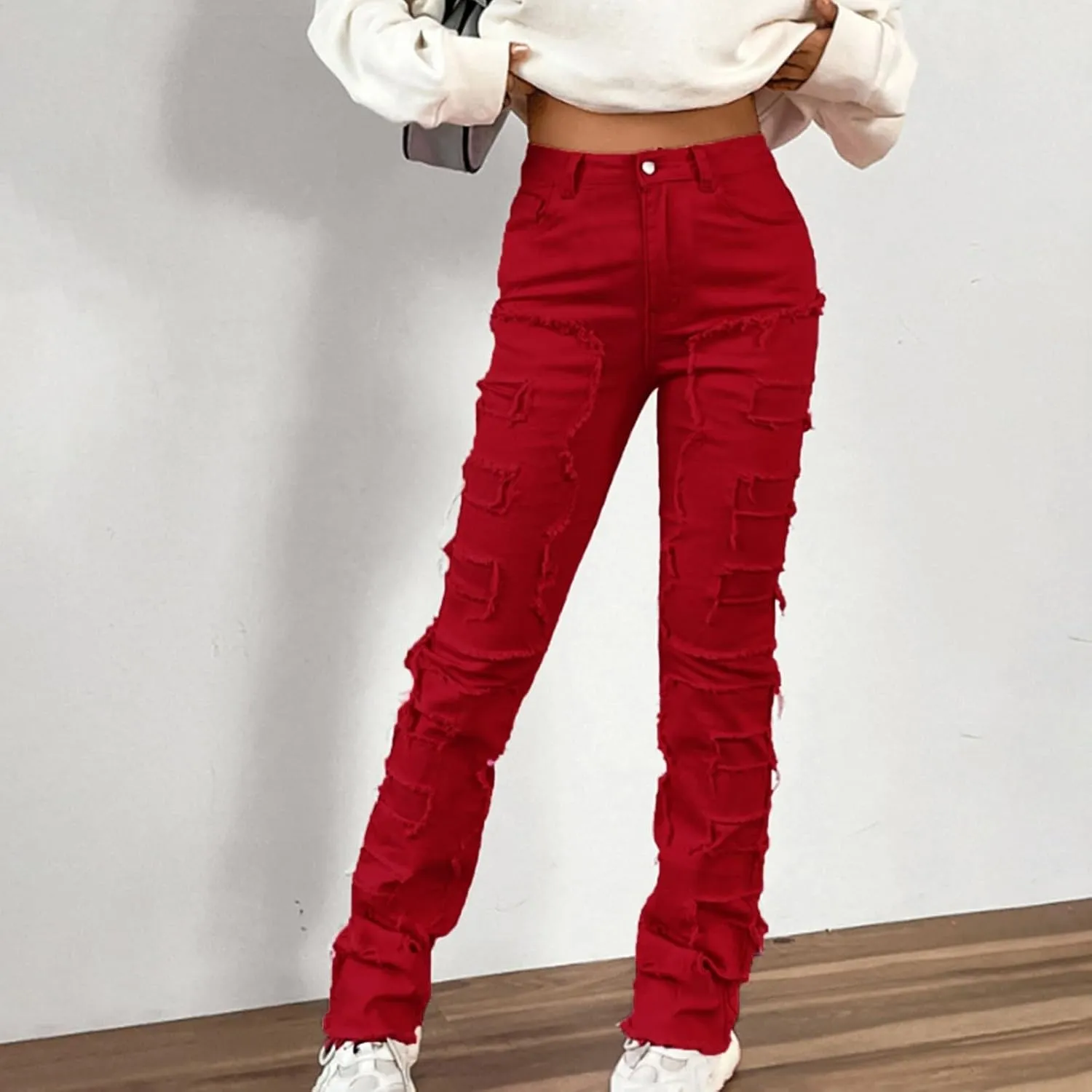 Womens Jeans High Waisted Leg Pants Stretch Patch Denim Stacked Straight Leg Jeans for Women