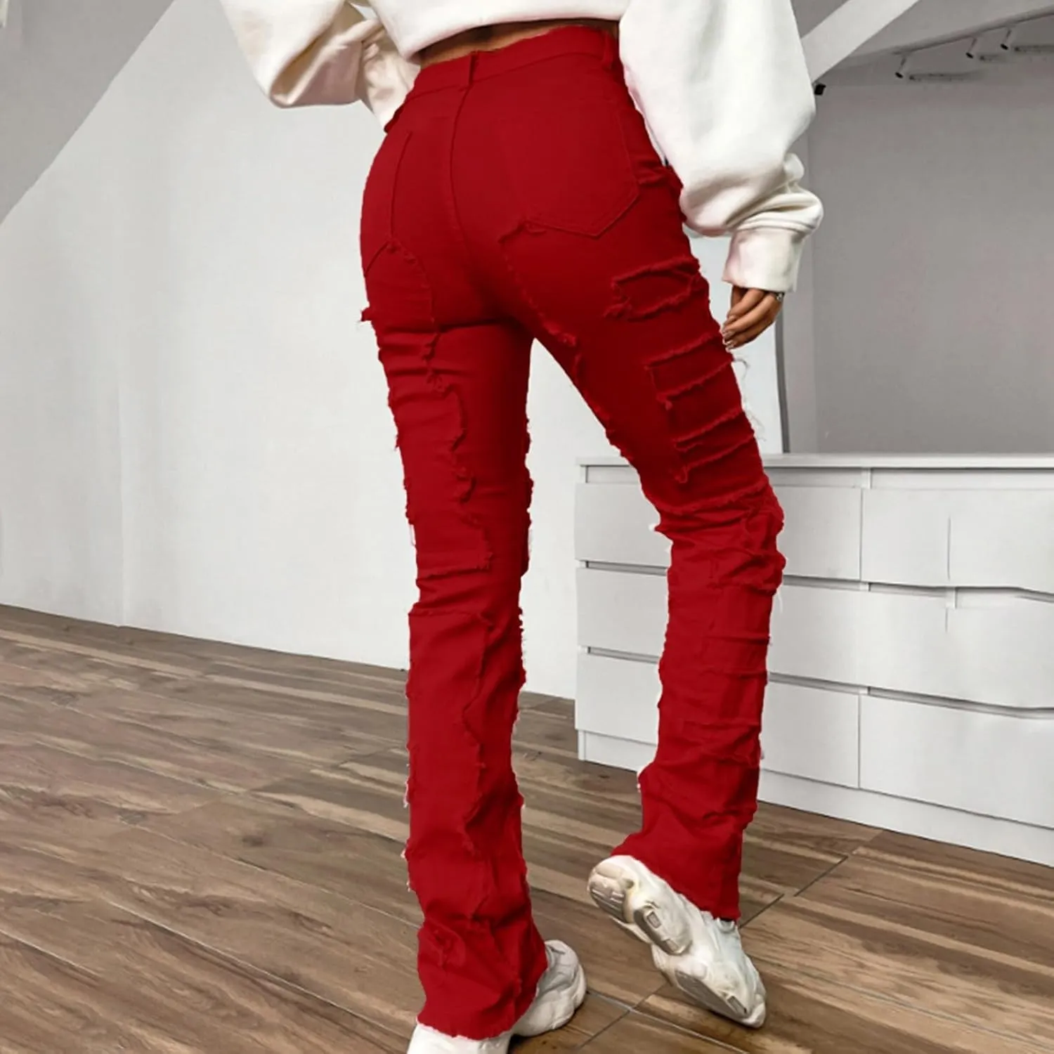 Womens Jeans High Waisted Leg Pants Stretch Patch Denim Stacked Straight Leg Jeans for Women