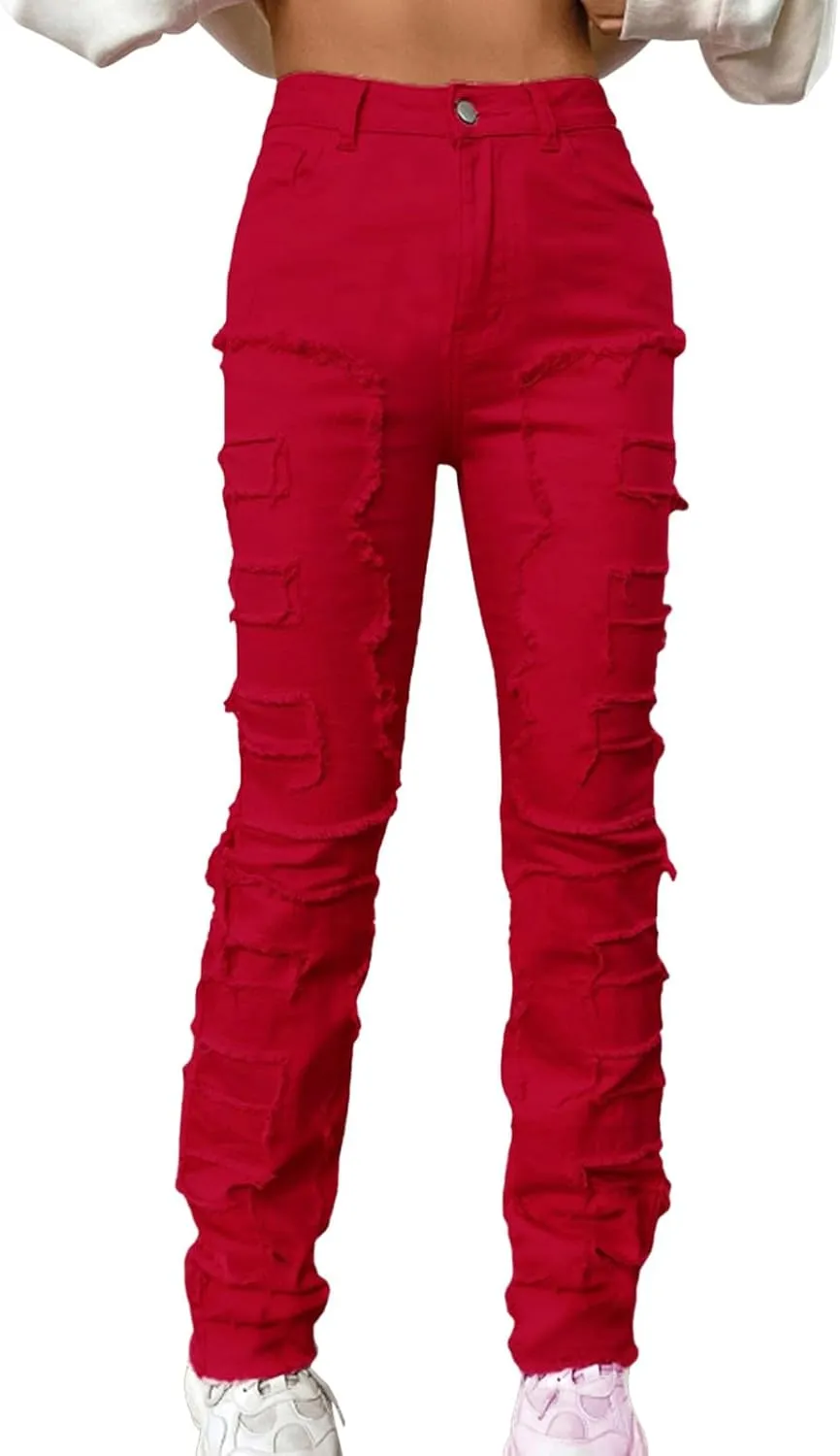 Womens Jeans High Waisted Leg Pants Stretch Patch Denim Stacked Straight Leg Jeans for Women