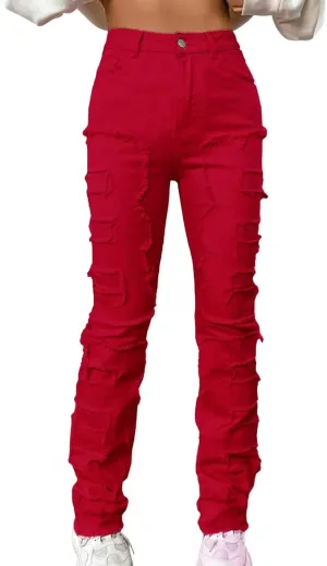 Womens Jeans High Waisted Leg Pants Stretch Patch Denim Stacked Straight Leg Jeans for Women
