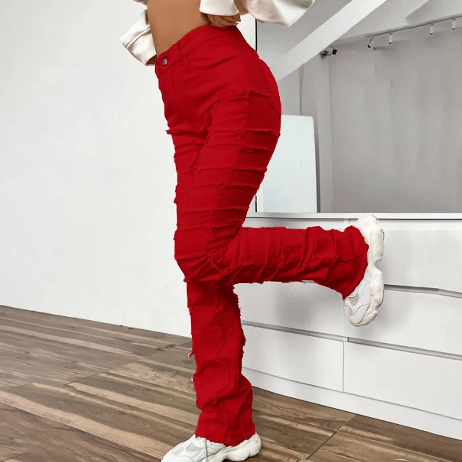 Womens Jeans High Waisted Leg Pants Stretch Patch Denim Stacked Straight Leg Jeans for Women