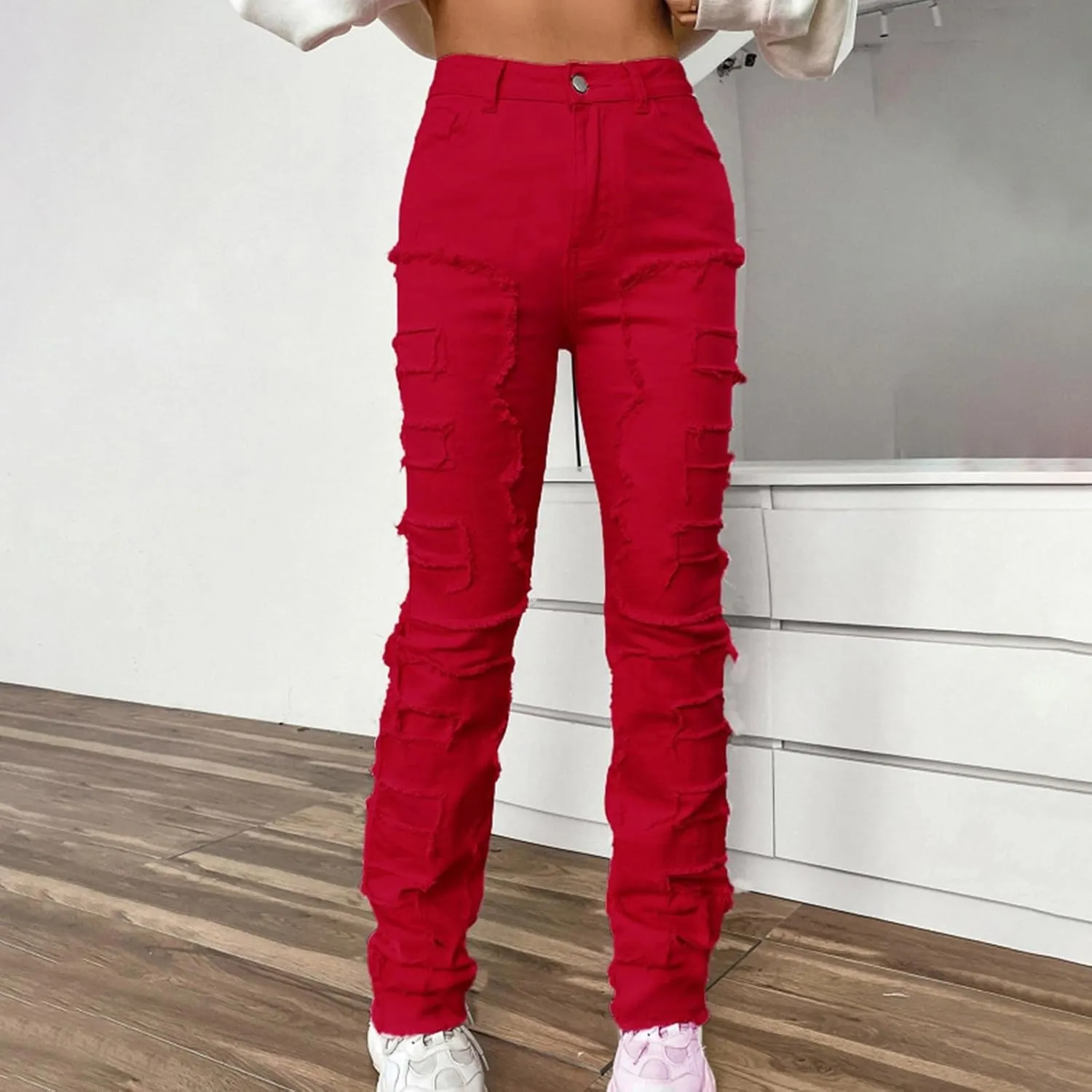 Womens Jeans High Waisted Leg Pants Stretch Patch Denim Stacked Straight Leg Jeans for Women