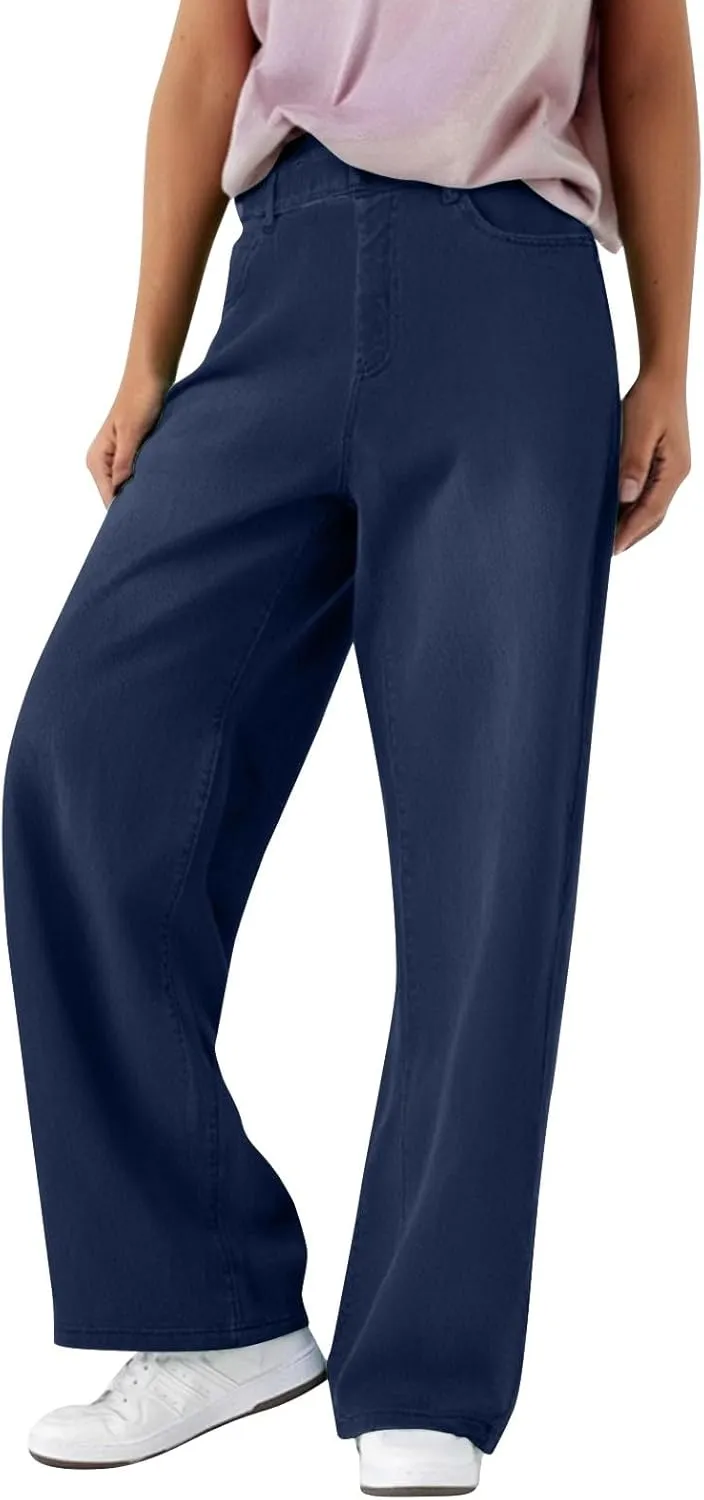 Womens Jeans High Waisted Stretchy Wide Leg Baggy Denim Pants Trousers with Pockets Sweatpant Plus Size