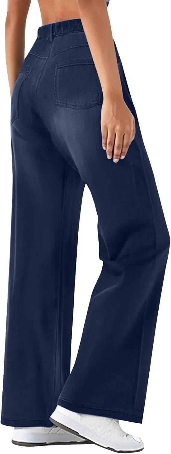 Womens Jeans High Waisted Stretchy Wide Leg Baggy Denim Pants Trousers with Pockets Sweatpant Plus Size
