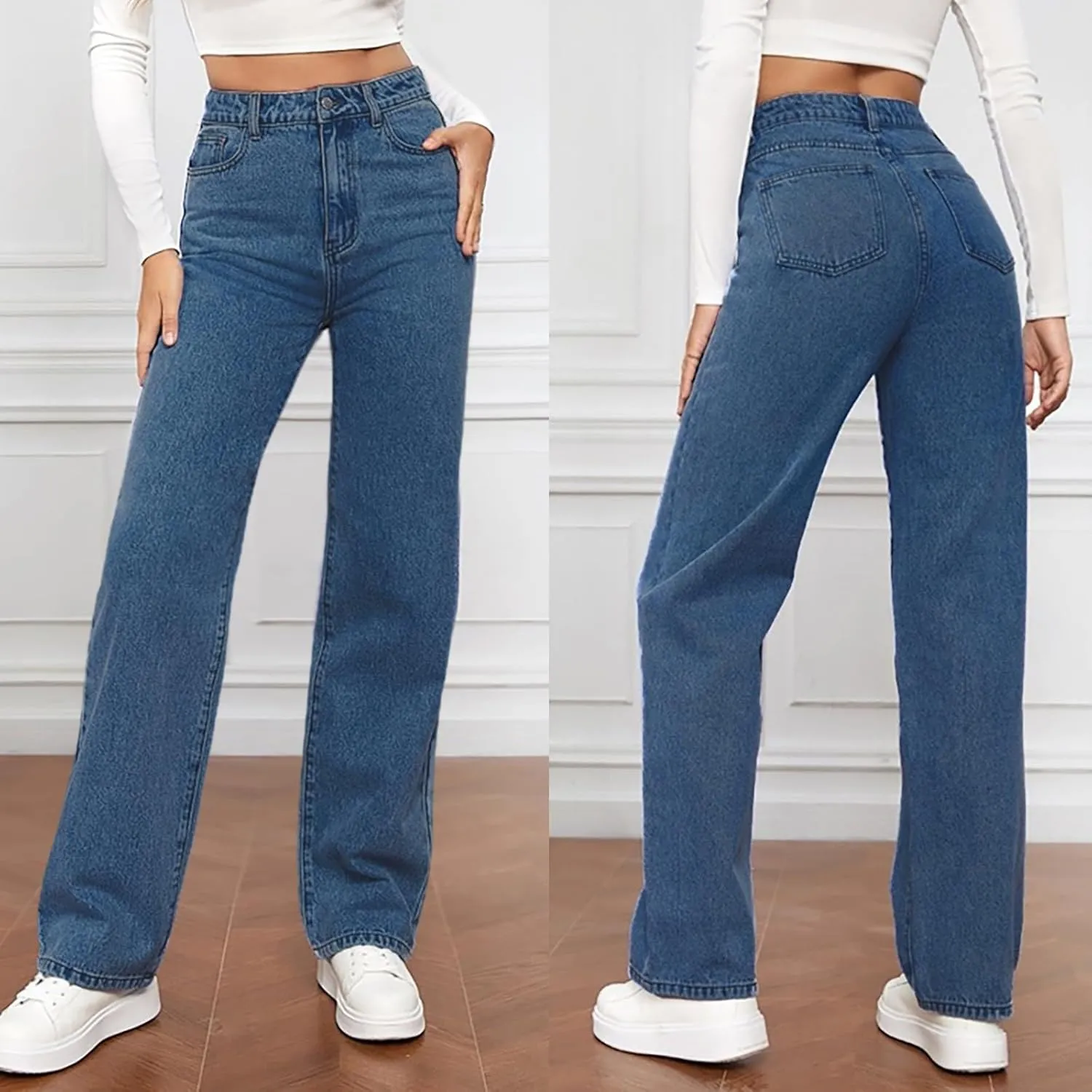 Women's Jeans High Waisted Wide Leg Straight Denim Pants Plus Size Stretch Bootcut Loose Casual Y2K Ankle Trendy with Pockets