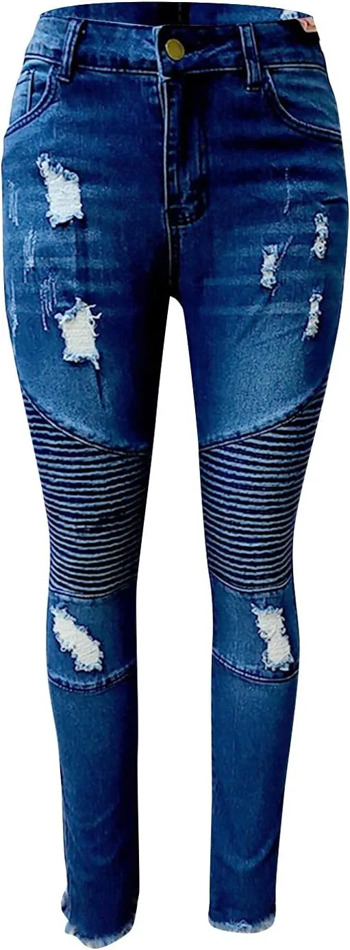 Women's Jeans Trendy Ripped Jeans Stretch Skinny Straight Leg Denim Pants with Holes
