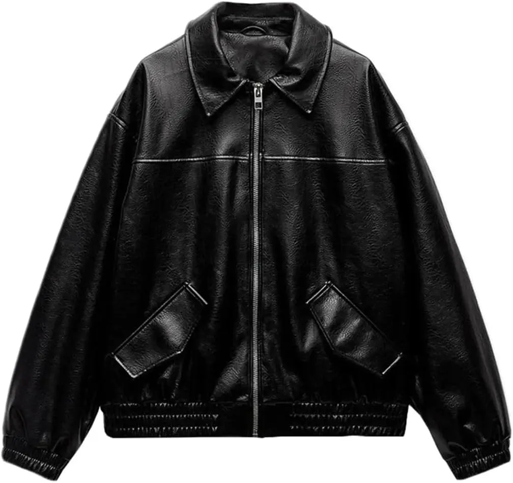 Womens Long Sleeve Zip Up Casual Jacket Casual Pleated Motorcycle Coat With Pockets
