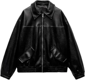 Womens Long Sleeve Zip Up Casual Jacket Casual Pleated Motorcycle Coat With Pockets