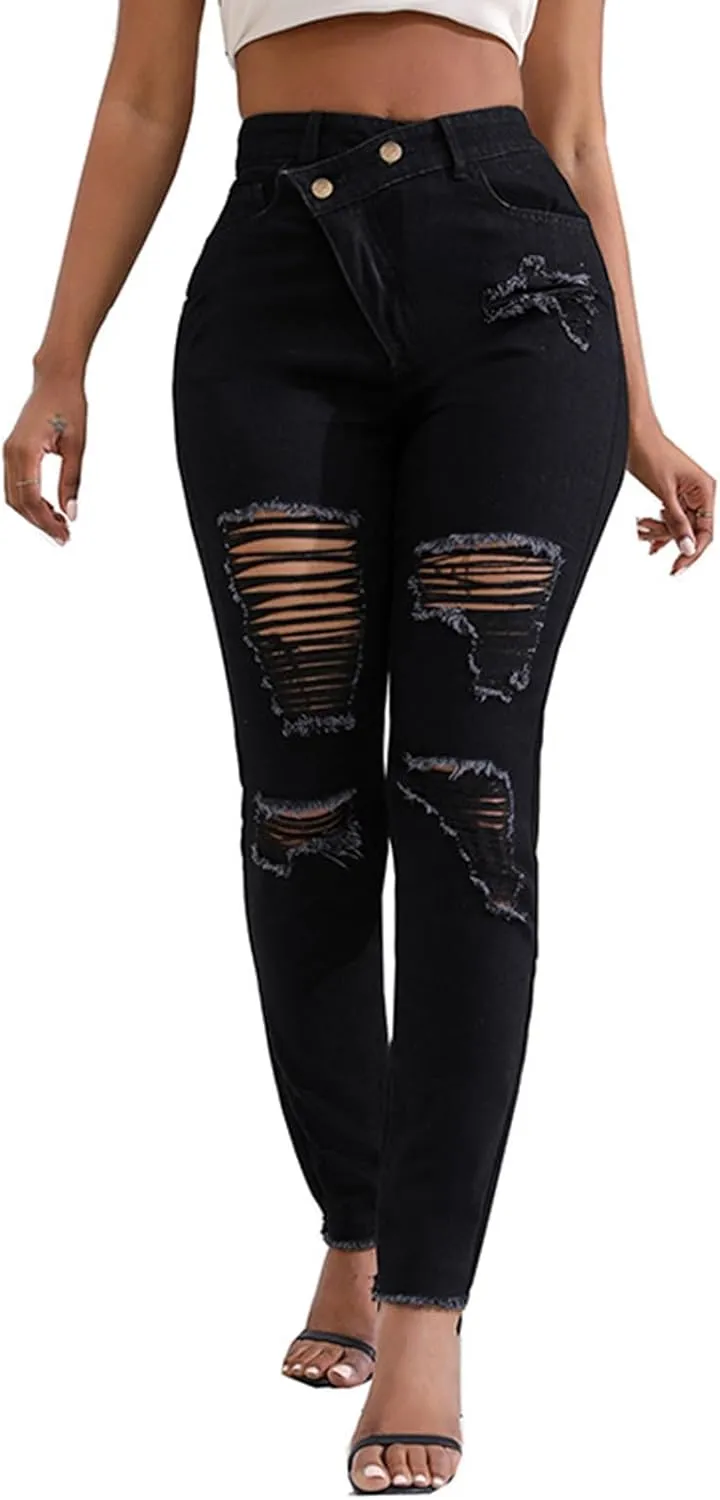 Womens Mid Waisted Ripped Jeans Straight Leg Stretchy Slim Fit Boyfriend Distressed Denim Pants with Pocket