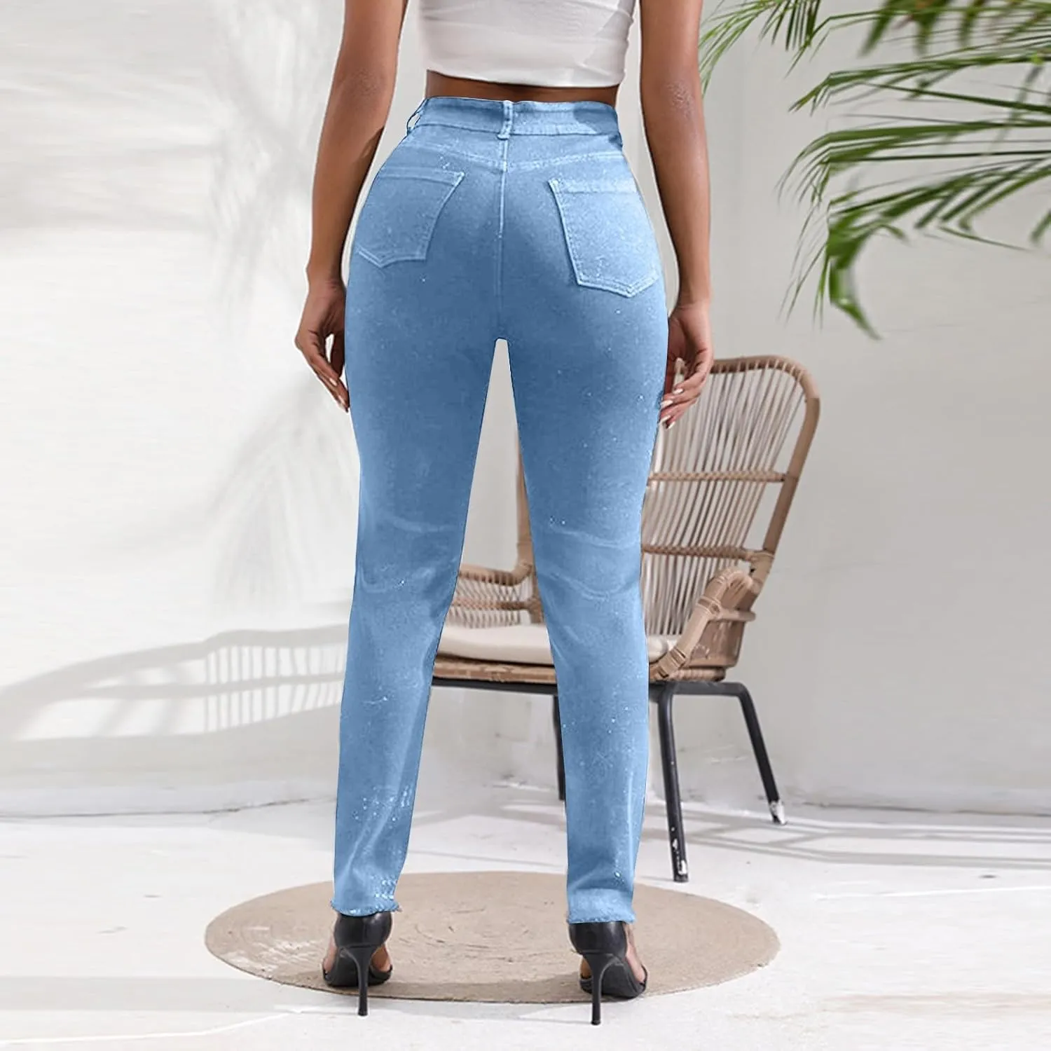 Womens Mid Waisted Ripped Jeans Straight Leg Stretchy Slim Fit Boyfriend Distressed Denim Pants with Pocket