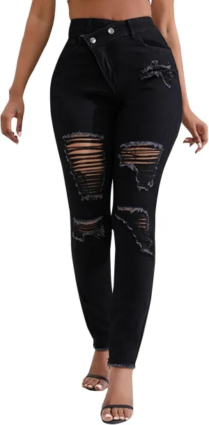Womens Mid Waisted Ripped Jeans Straight Leg Stretchy Slim Fit Boyfriend Distressed Denim Pants with Pocket