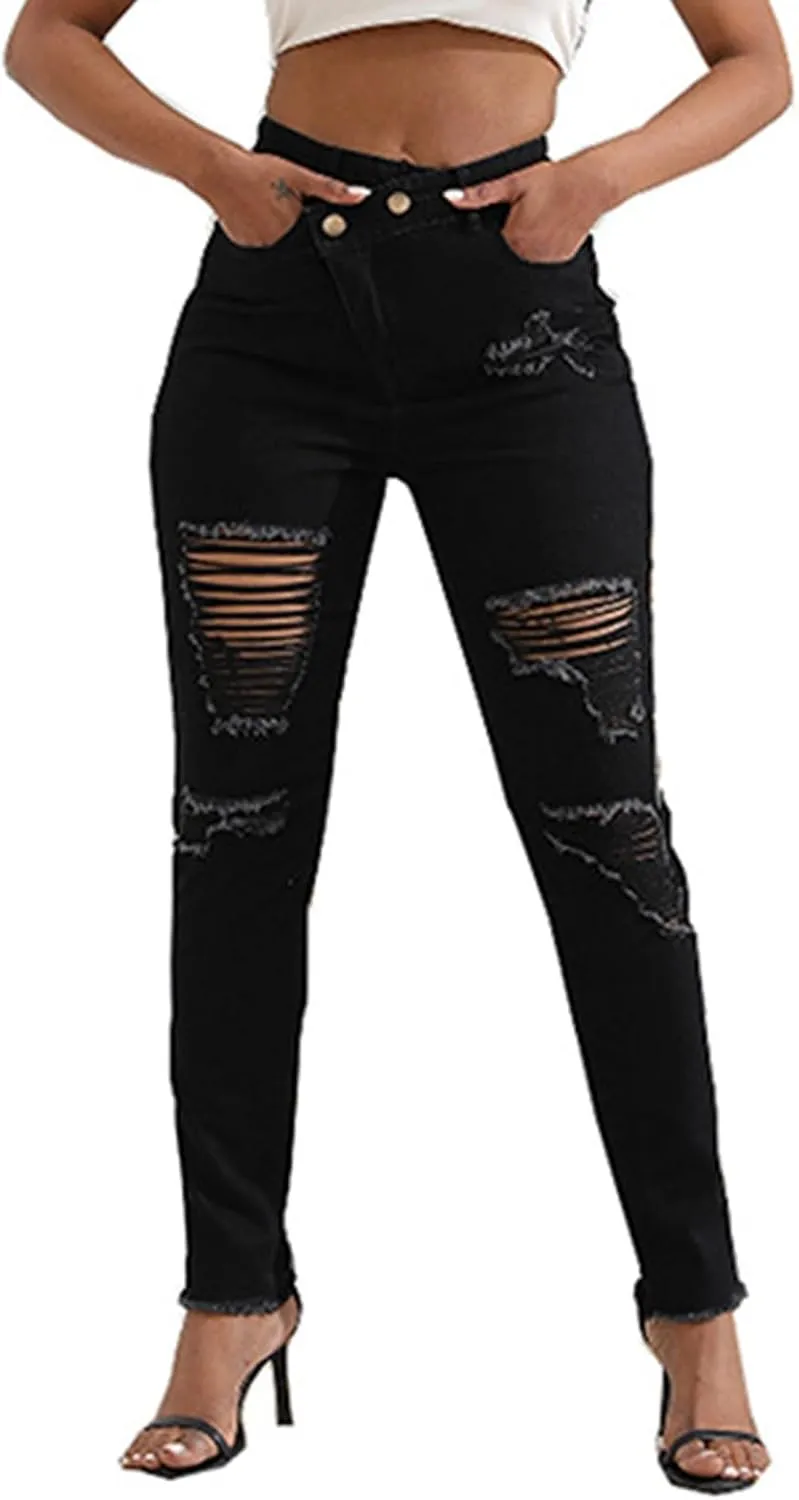 Womens Mid Waisted Ripped Jeans Straight Leg Stretchy Slim Fit Boyfriend Distressed Denim Pants with Pocket
