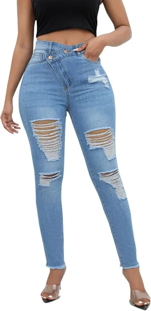 Womens Mid Waisted Ripped Jeans Straight Leg Stretchy Slim Fit Boyfriend Distressed Denim Pants with Pocket