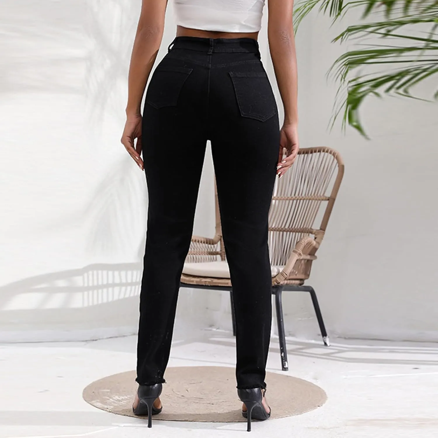 Womens Mid Waisted Ripped Jeans Straight Leg Stretchy Slim Fit Boyfriend Distressed Denim Pants with Pocket