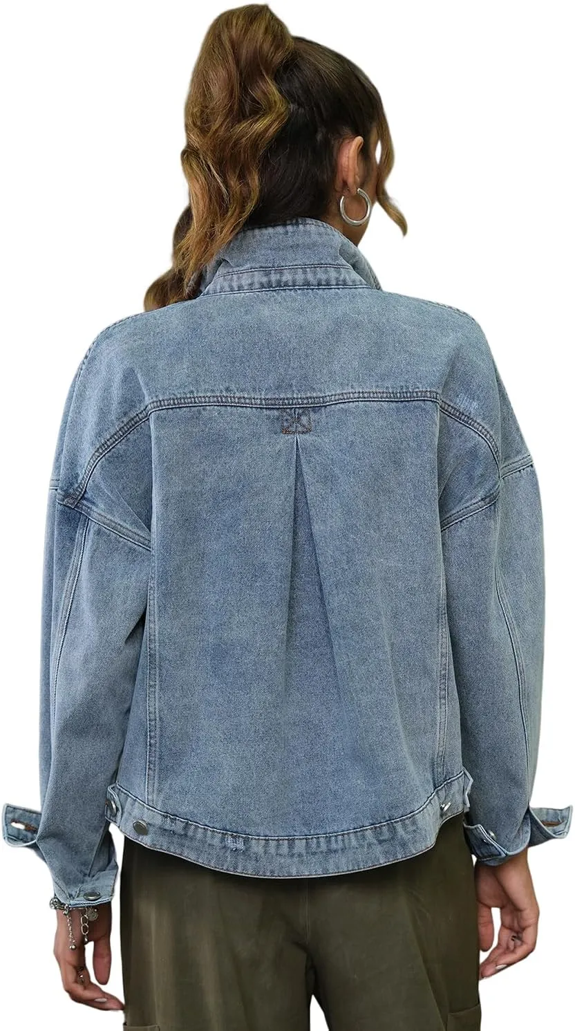 Womens Opal Swing Denim Jacket Distressed Ripped Button Front Jean Jackets with Pockets Y2K Clothing