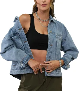 Womens Opal Swing Denim Jacket Distressed Ripped Button Front Jean Jackets with Pockets Y2K Clothing