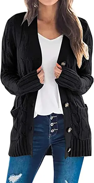 Women's Open Front Cardigan Sweaters Fashion Button Down Cable Knit Chunky Outwear Coats Sweaters Jackets with Pockets