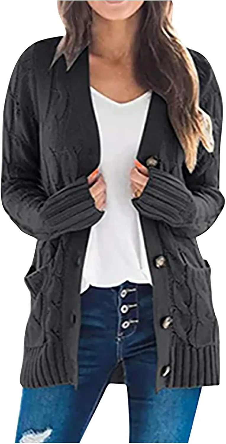 Women's Open Front Cardigan Sweaters Fashion Button Down Cable Knit Chunky Outwear Coats Sweaters Jackets with Pockets