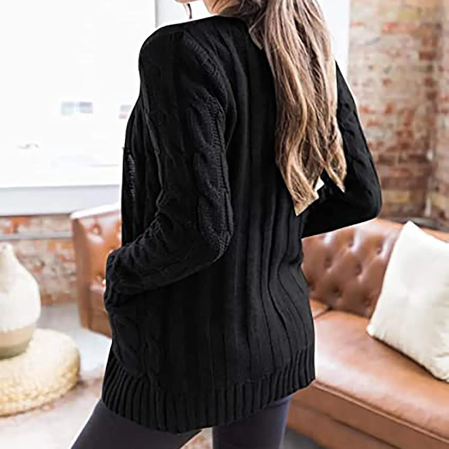 Women's Open Front Cardigan Sweaters Fashion Button Down Cable Knit Chunky Outwear Coats Sweaters Jackets with Pockets