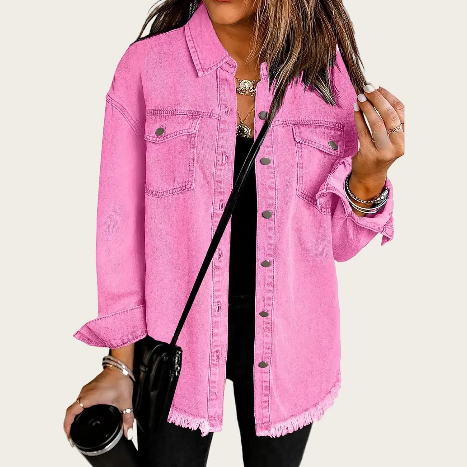 Womens Oversized Denim Jacket Casual Long Boyfriend Button Down Distressed Jean Jacket Fall Shacket Jacket